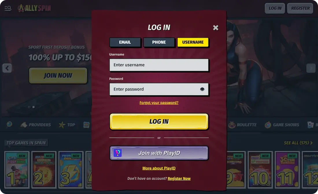 allyspin casino login username