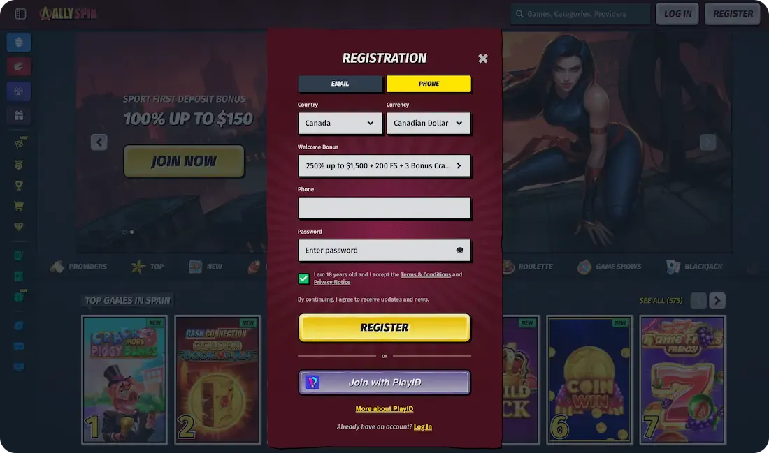 allyspin casino registration phone